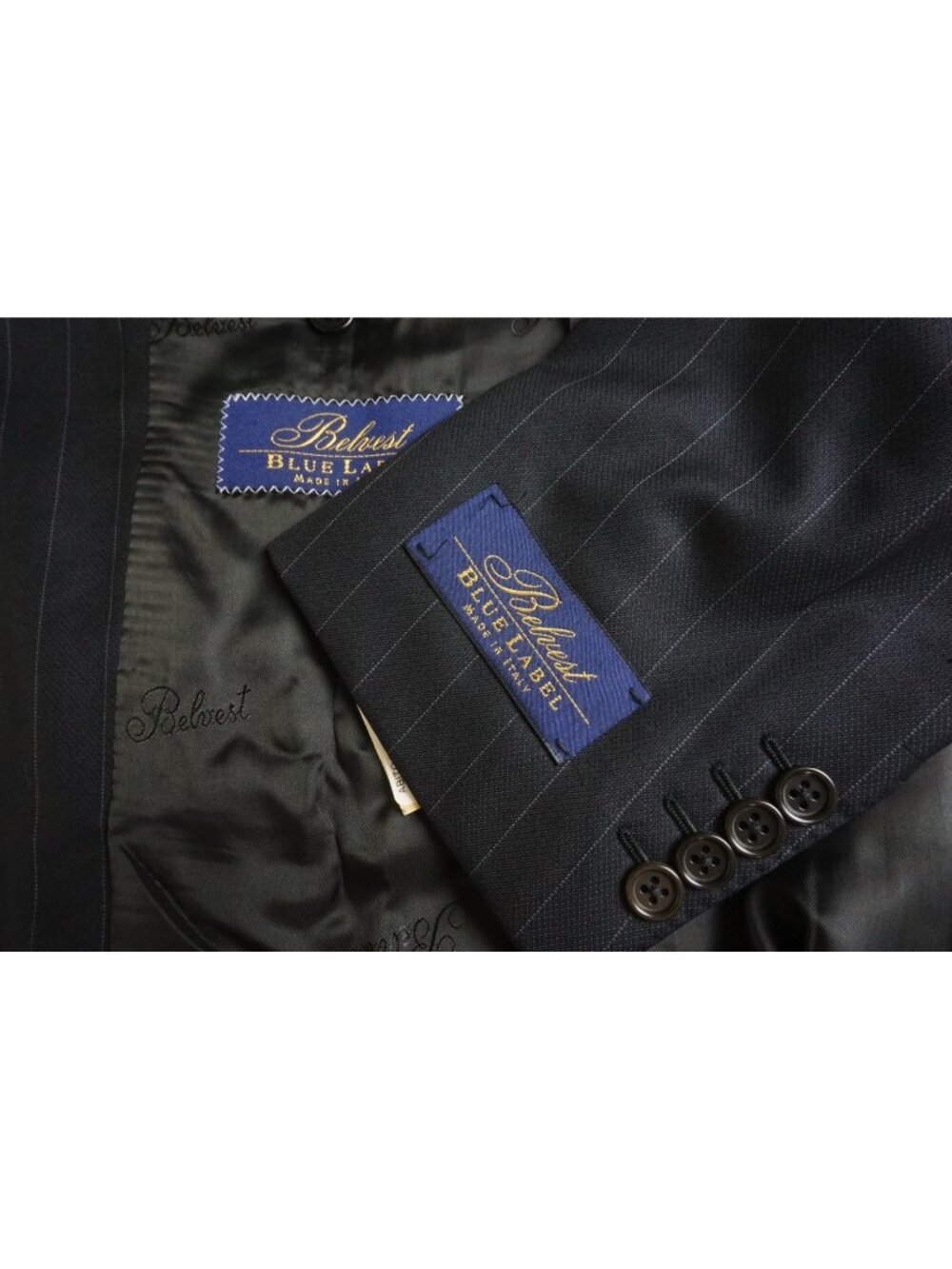 Belvest Blue Label Black Pinstriped Silk Blend 2 Pc Suit Jacket Pant 38R New